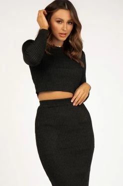 DISSH Boutiques KNITTED LIQUID BLACK LUREX KNIT CROP TOP
