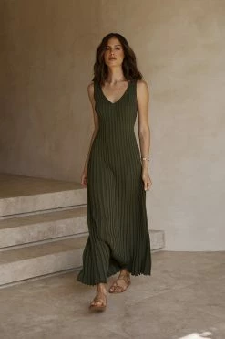 DISSH Boutiques KAT OLIVE V NECK KNIT DRESS