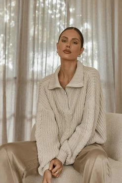 DISSH Boutiques BARNETT STONE CABLE ZIP FRONT KNIT