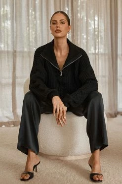 DISSH Boutiques BARNETT BLACK CABLE ZIP FRONT KNIT