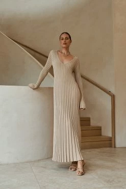 DISSH Boutiques REIGN WHEAT SLEEVED KNIT MIDI DRESS CLOTHING