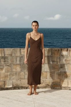 DISSH Boutiques FAME BLACK CHOC GEO SLIP MIDI DRESS CLOTHING