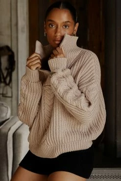 DISSH Boutiques SWEATERS BARNETT MOCHA CABLE ZIP FRONT KNIT