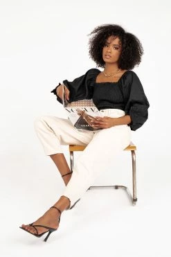 DISSH Boutiques TOPS SOFIA SHIRRED BLACK LINEN TOP