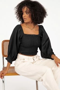 DISSH Boutiques TOPS SOFIA SHIRRED BLACK LINEN TOP