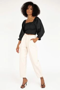 DISSH Boutiques TOPS SOFIA SHIRRED BLACK LINEN TOP