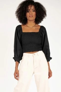 DISSH Boutiques TOPS SOFIA SHIRRED BLACK LINEN TOP