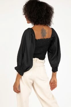 DISSH Boutiques TOPS SOFIA SHIRRED BLACK LINEN TOP