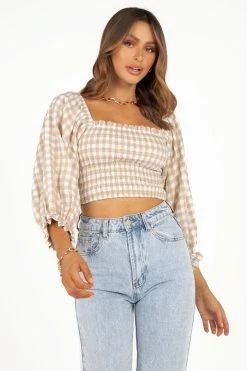 DISSH Boutiques LUCIA SHIRRED OAT GINGHAM TOP TOPS