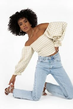 DISSH Boutiques LUCIA SHIRRED OAT GINGHAM TOP TOPS