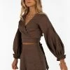 DISSH Boutiques VERA CHOCOLATE LINEN WRAP TOP TOPS