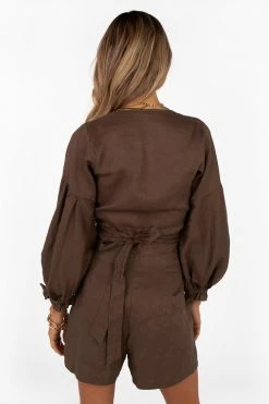 DISSH Boutiques VERA CHOCOLATE LINEN WRAP TOP TOPS