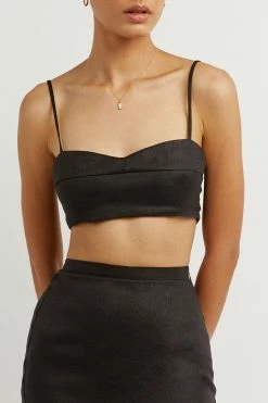 DISSH Boutiques CLOTHING VIENNA BLACK LINEN CURVED CROP TOP