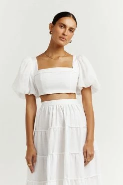DISSH Boutiques AISLE WHITE LINEN SLEEVED TOP TOPS