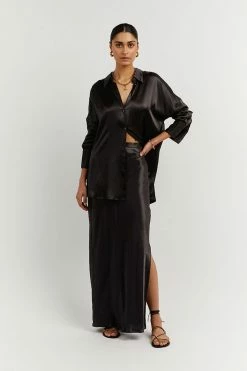 DISSH Boutiques SIMONE BLACK SATIN MIDI SKIRT