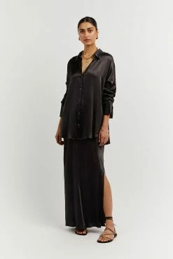 DISSH Boutiques SIMONE BLACK SATIN MIDI SKIRT