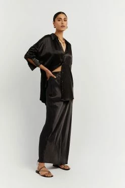 DISSH Boutiques SIMONE BLACK SATIN MIDI SKIRT