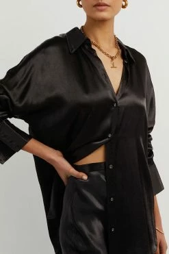 DISSH Boutiques SIMONE BLACK SATIN MIDI SKIRT