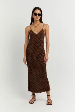 DISSH Boutiques FAME BLACK CHOC GEO SLIP MIDI DRESS CLOTHING