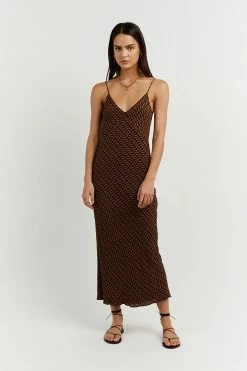 DISSH Boutiques FAME BLACK CHOC GEO SLIP MIDI DRESS CLOTHING