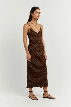 DISSH Boutiques FAME BLACK CHOC GEO SLIP MIDI DRESS CLOTHING