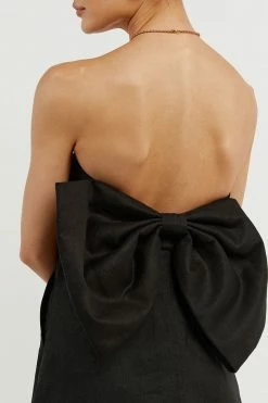 DISSH Boutiques AISLE BLACK LINEN BACK BOW DRESS CLOTHING