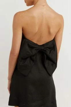 DISSH Boutiques AISLE BLACK LINEN BACK BOW DRESS CLOTHING