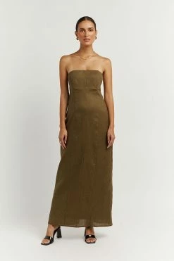 DISSH Boutiques CLOTHING ANDERSON OLIVE LINEN MIDI DRESS