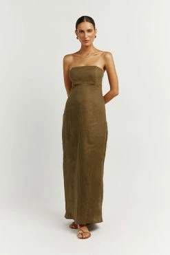 DISSH Boutiques CLOTHING ANDERSON OLIVE LINEN MIDI DRESS