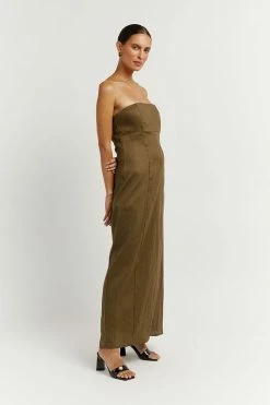 DISSH Boutiques CLOTHING ANDERSON OLIVE LINEN MIDI DRESS
