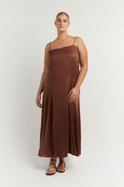 DISSH Boutiques EVANS MAHOGANY SILK SLIP MIDI DRESS THE BUMP FRIENDLY EDIT