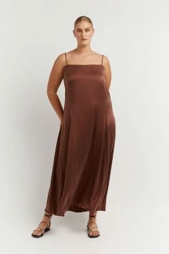 DISSH Boutiques EVANS MAHOGANY SILK SLIP MIDI DRESS THE BUMP FRIENDLY EDIT