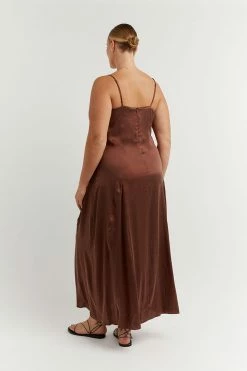 DISSH Boutiques EVANS MAHOGANY SILK SLIP MIDI DRESS THE BUMP FRIENDLY EDIT