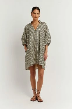 DISSH Boutiques MARLOW BEIGE GEO SMOCK DRESS