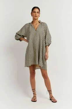 DISSH Boutiques MARLOW BEIGE GEO SMOCK DRESS