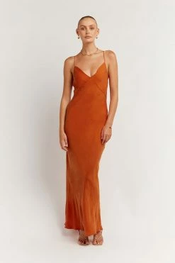 DISSH Boutiques PELLY BURNT ORANGE SLIP MIDI DRESS