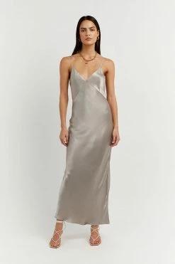 DISSH Boutiques SIMONE PEWTER SATIN SLIP MIDI DRESS