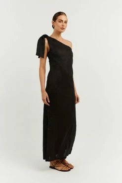 DISSH Boutiques MACCA BLACK LINEN MIDI DRESS CLOTHING