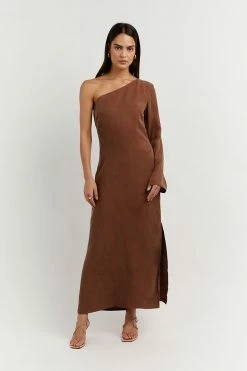 DISSH Boutiques SASHA TAN ONE SHOULDER LONG DRESS CLOTHING