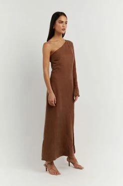 DISSH Boutiques SASHA TAN ONE SHOULDER LONG DRESS CLOTHING