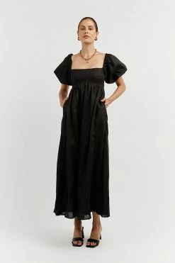 DISSH Boutiques MONTY BLACK LINEN MIDI DRESS CLOTHING
