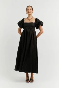 DISSH Boutiques MONTY BLACK LINEN MIDI DRESS CLOTHING