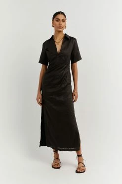 DISSH Boutiques BILLIE BLACK LINEN MIDI DRESS CLOTHING