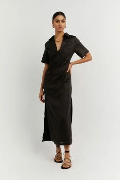 DISSH Boutiques BILLIE BLACK LINEN MIDI DRESS CLOTHING