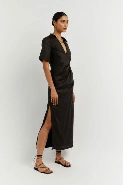DISSH Boutiques BILLIE BLACK LINEN MIDI DRESS CLOTHING