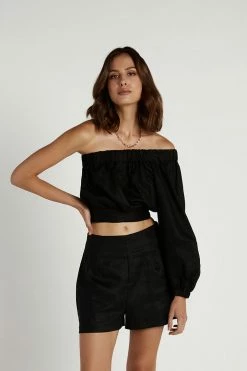 DISSH Boutiques TALIA BLACK LINEN GATHERED TOP TOPS