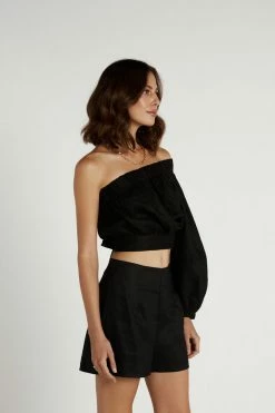 DISSH Boutiques TALIA BLACK LINEN GATHERED TOP TOPS