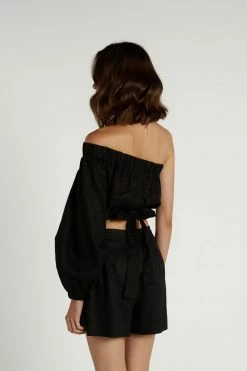 DISSH Boutiques TALIA BLACK LINEN GATHERED TOP TOPS