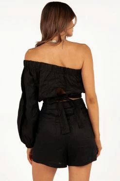 DISSH Boutiques TALIA BLACK LINEN GATHERED TOP TOPS