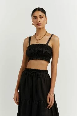 DISSH Boutiques CLOTHING BONNIE BLACK GATHER LINEN CROP TOP
